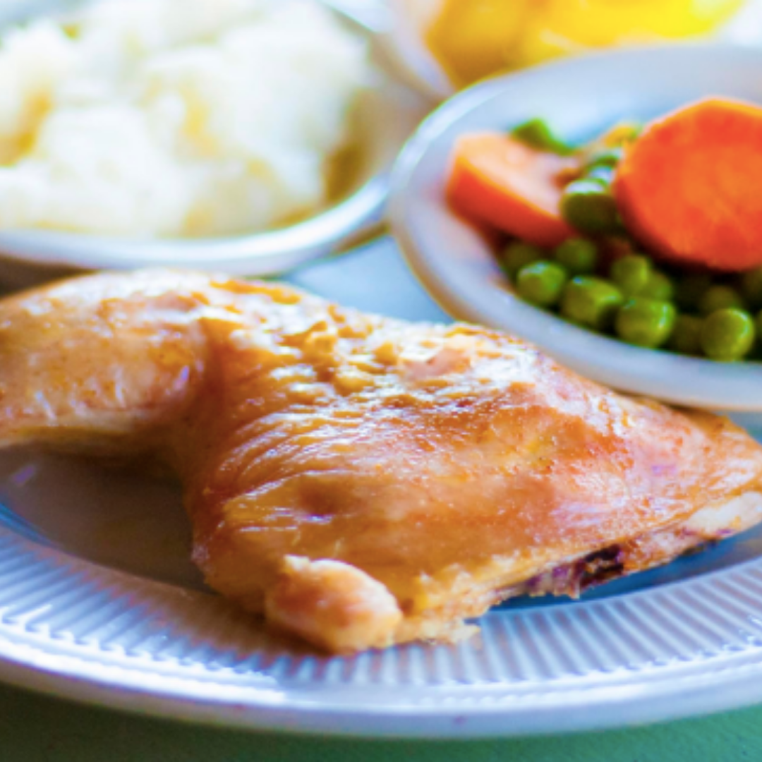baked chicken, mashed potatoes, peas and carrots